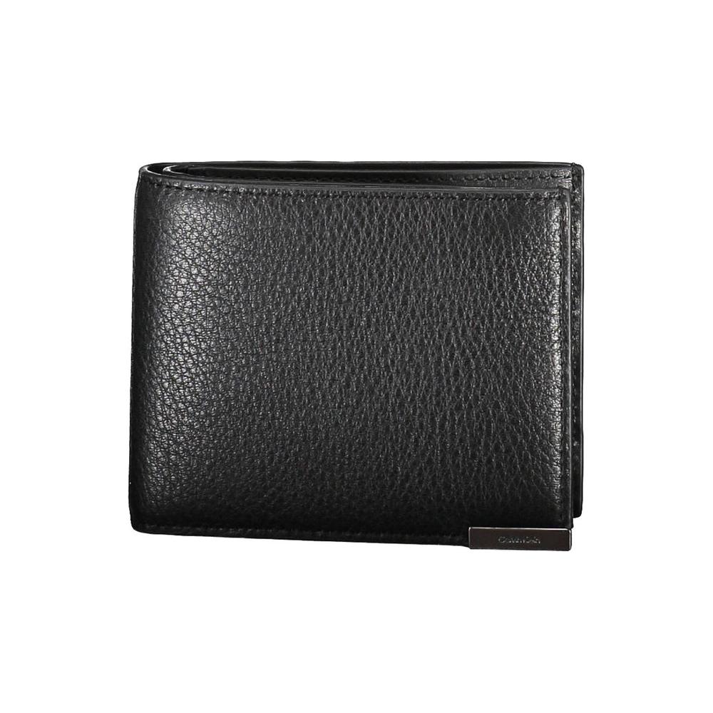 Calvin Klein black leather men's wallet with RFID blocking, featuring spacious compartments, zippered coin purse and card slots.