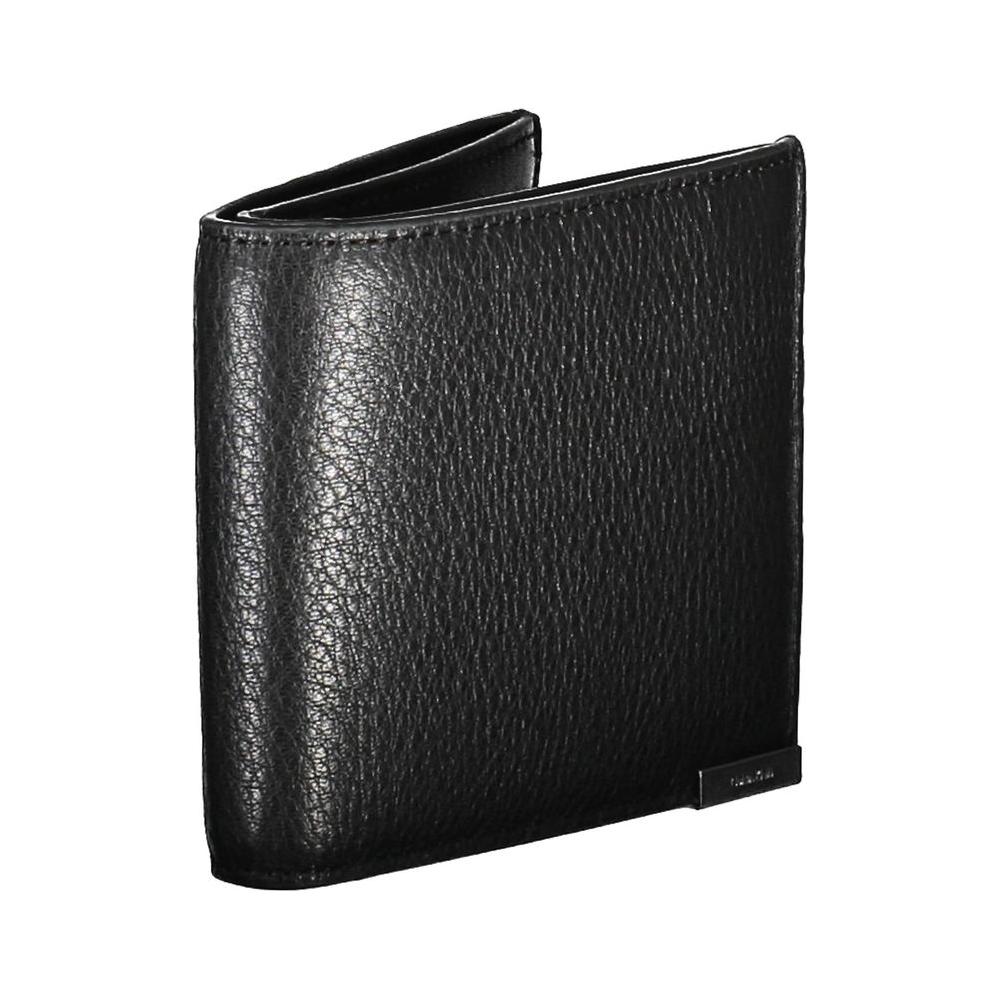 Calvin Klein black leather men's wallet with RFID blocking, featuring spacious compartments and zippered coin purse for sleek luxury.