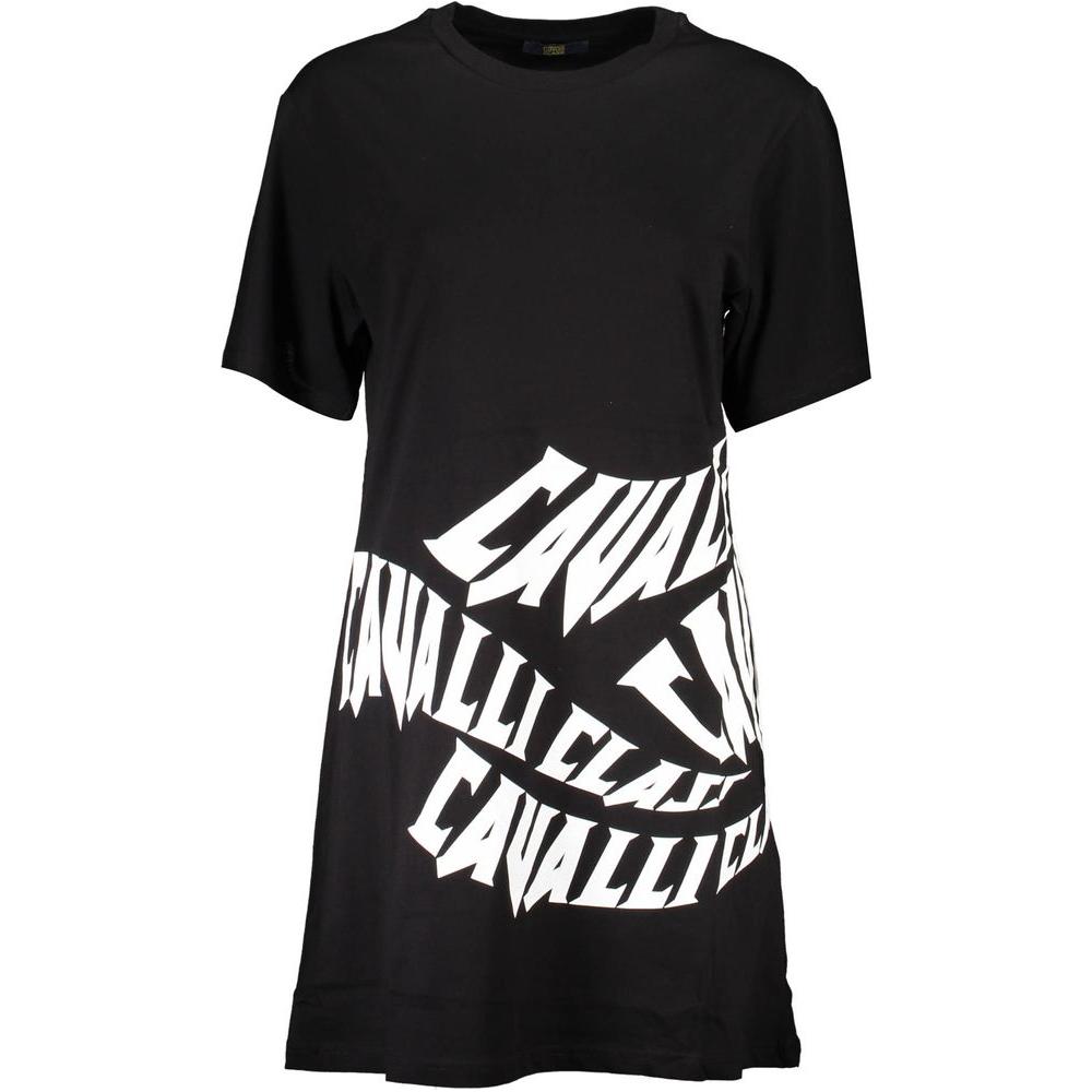 Cavalli Class black cotton women's dress with bold print and logo, featuring short sleeves and round neckline, perfect for stylish comfort.