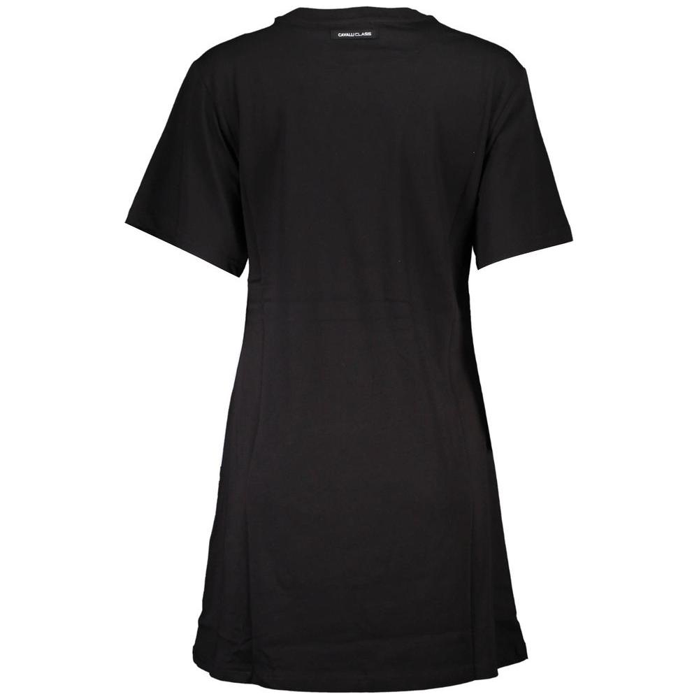 Cavalli Class Black Cotton Women Dress with short sleeves and round neckline, featuring a bold print and logo on the back view of the dress.