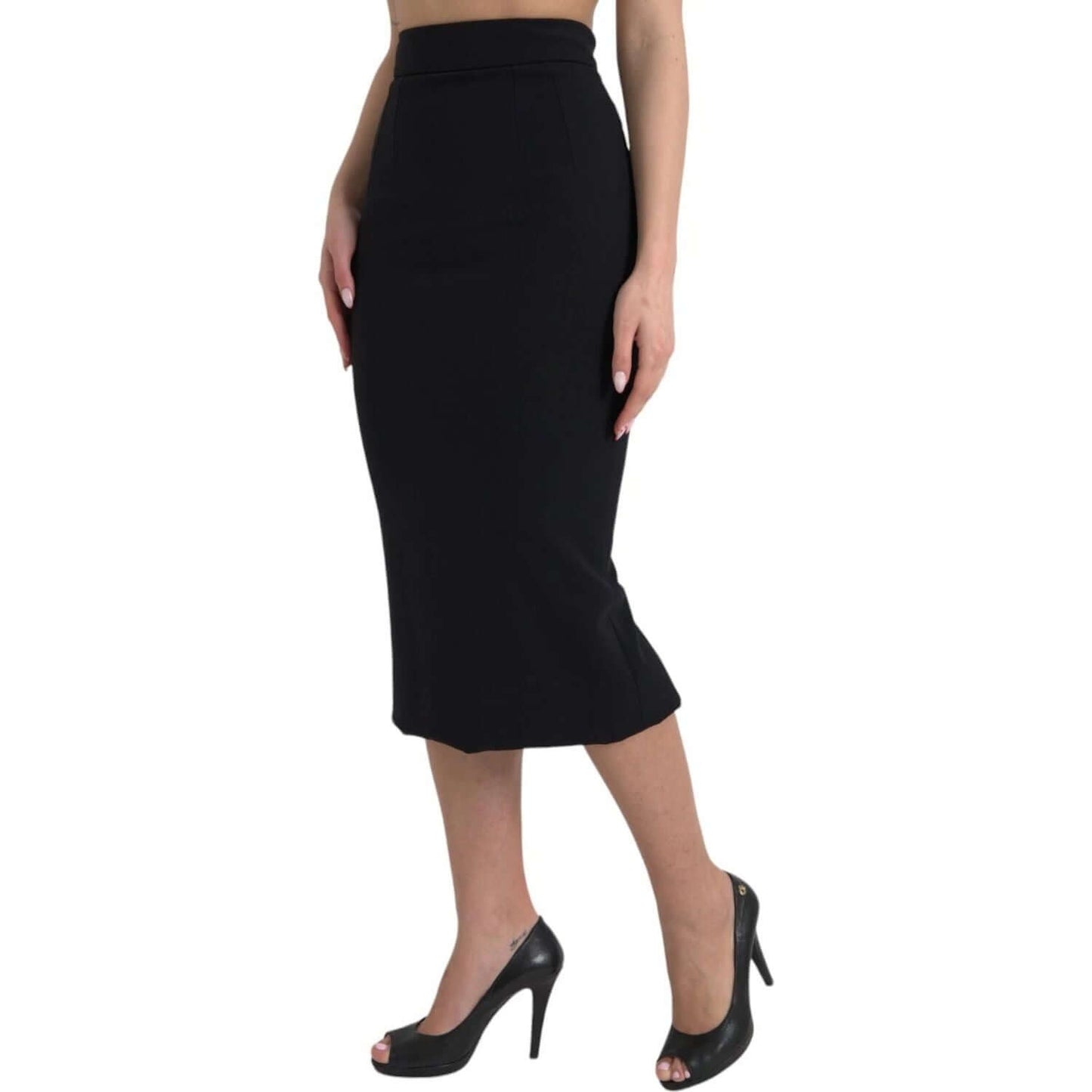 Dolce & Gabbana Black Wool High Waist Pencil Cut Midi Skirt