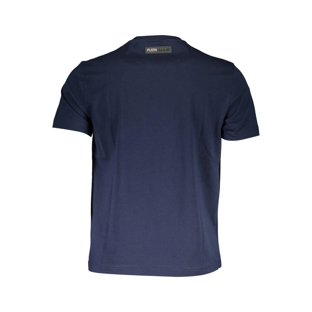 Back view of Plein Sport blue cotton men’s t-shirt showcasing short sleeves and logo.