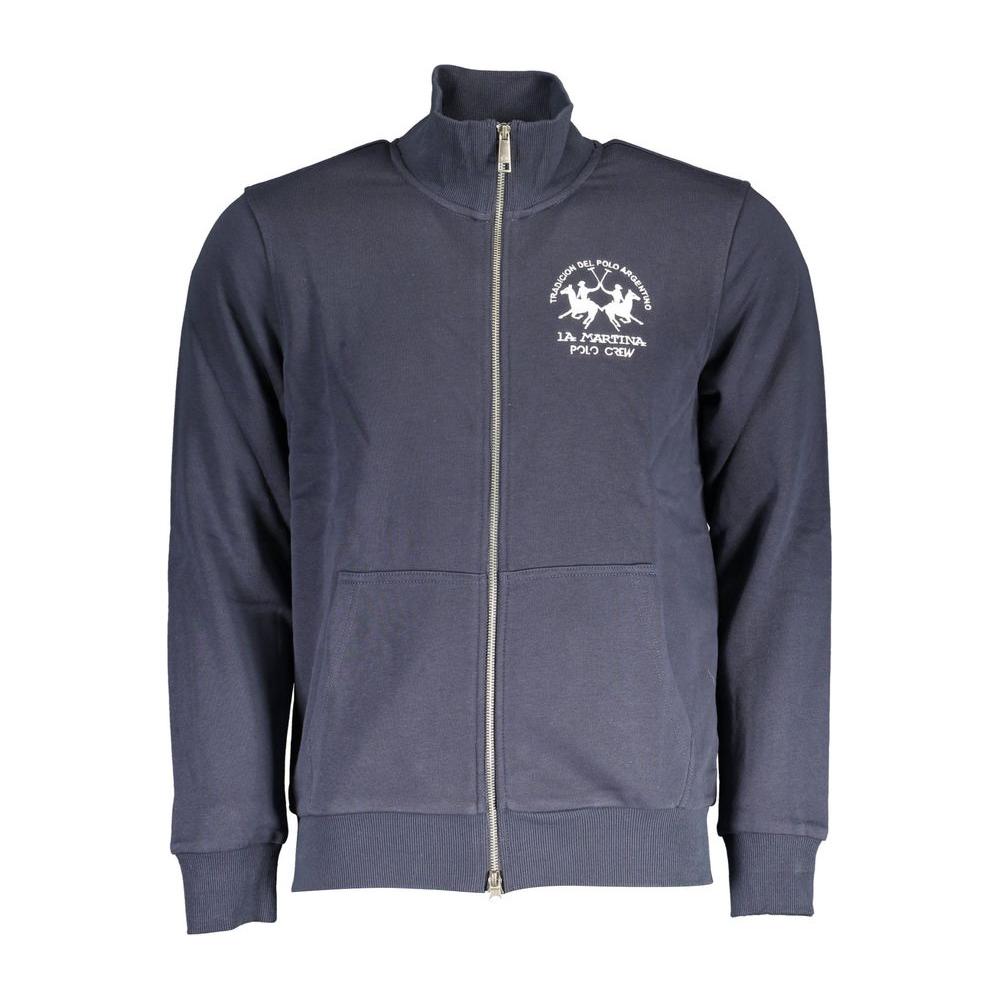 La Martina blue cotton men's sweater with logo, zip, and pockets, offering comfort and style for the modern man.