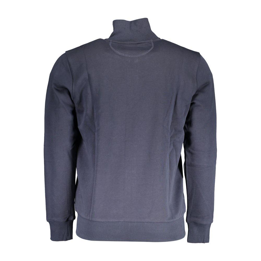 La Martina blue cotton men’s sweater, back view, with practical zip and dual pockets, featuring intricate embroidery and logo.