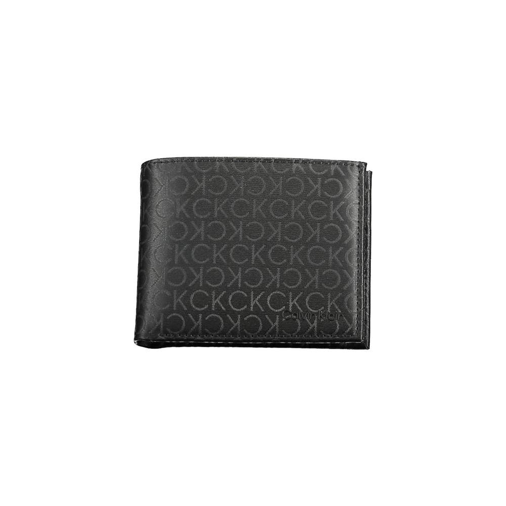 Calvin Klein black polyester men's wallet with CK logo pattern, minimalist and sleek design for modern style and functionality.