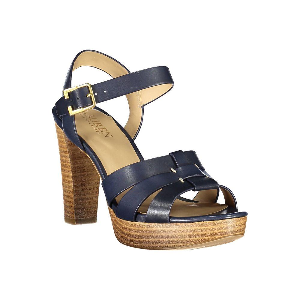 Ralph Lauren blue leather sandal with 10cm heel, ankle fastening, contrasting details, and logo.