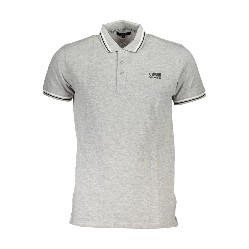 Cavalli Class gray cotton men's polo shirt with logo, short sleeves, and contrasting details, perfect for modern elegance.