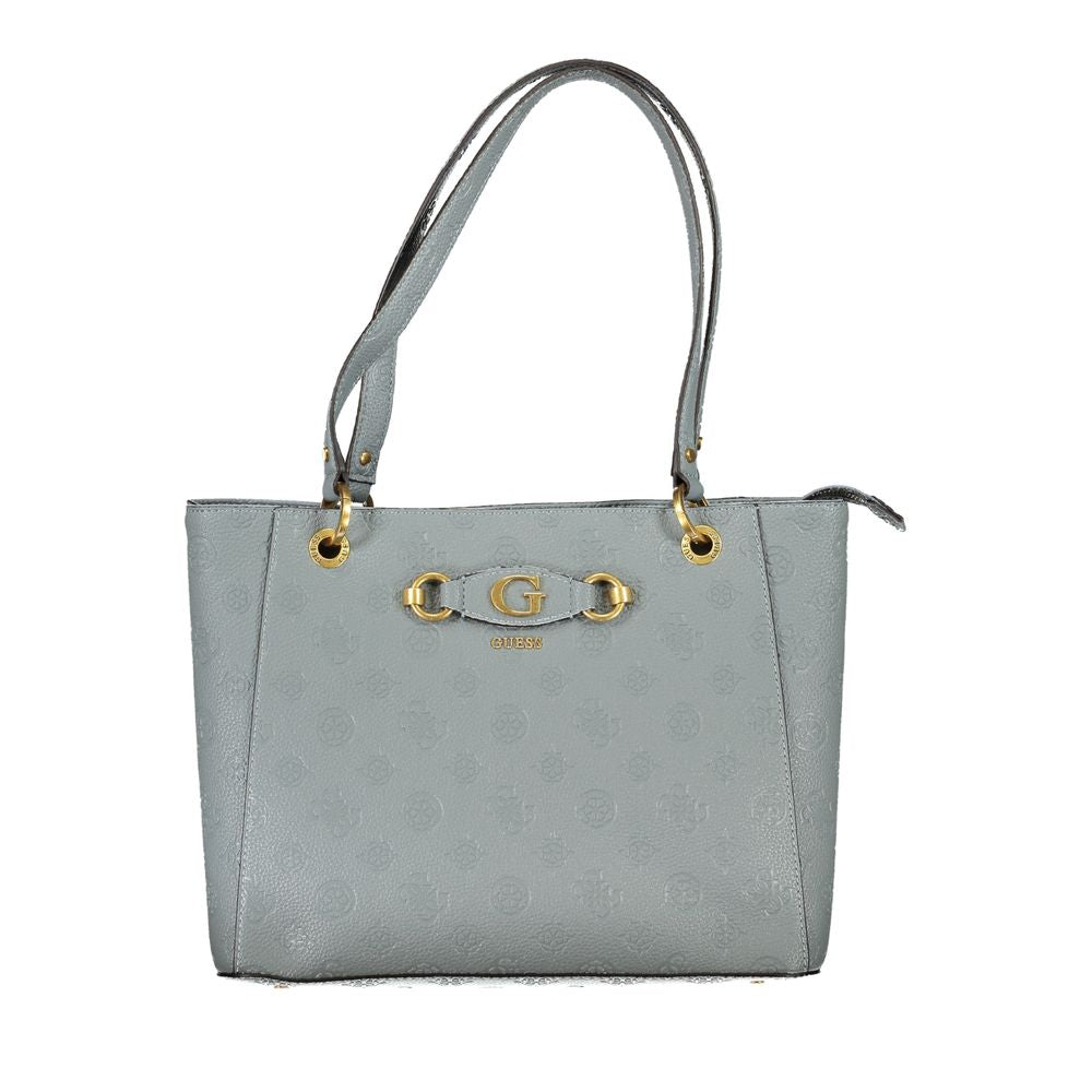 Guess Jeans light blue polyethylene women's handbag with gold accents and shoulder straps, featuring multiple pockets.