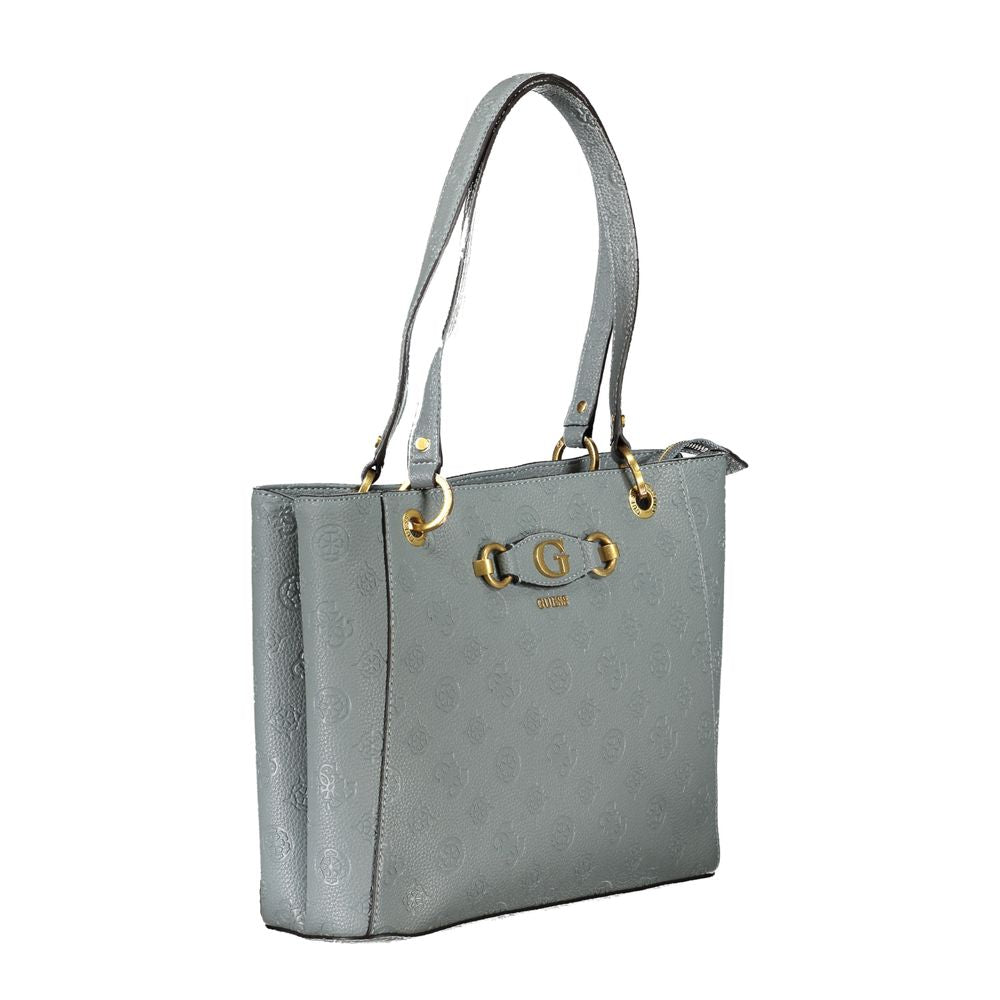 Guess Jeans light blue polyethylene women's handbag with gold accents, featuring external pocket and two compartments for organization.