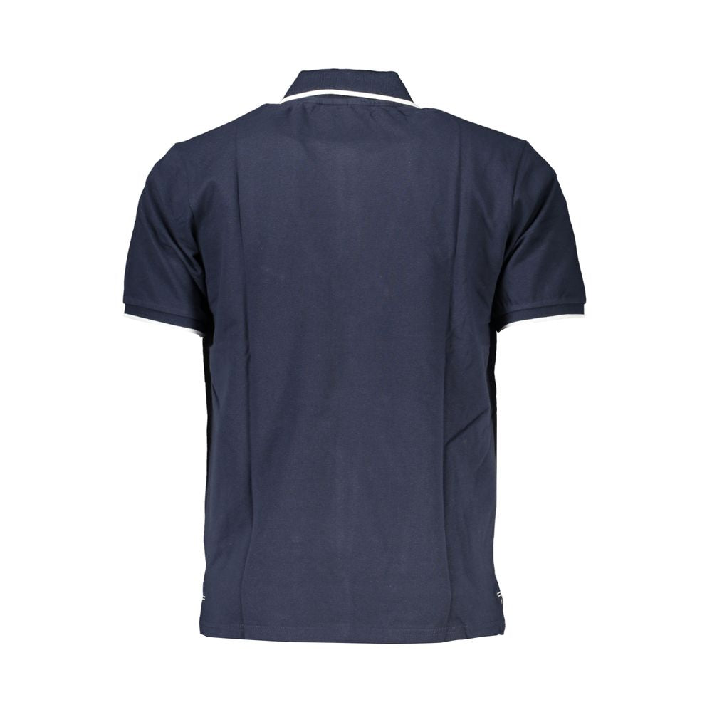Back view of North Sails blue cotton polo shirt with short sleeves, two buttons, contrast details, and logo print.