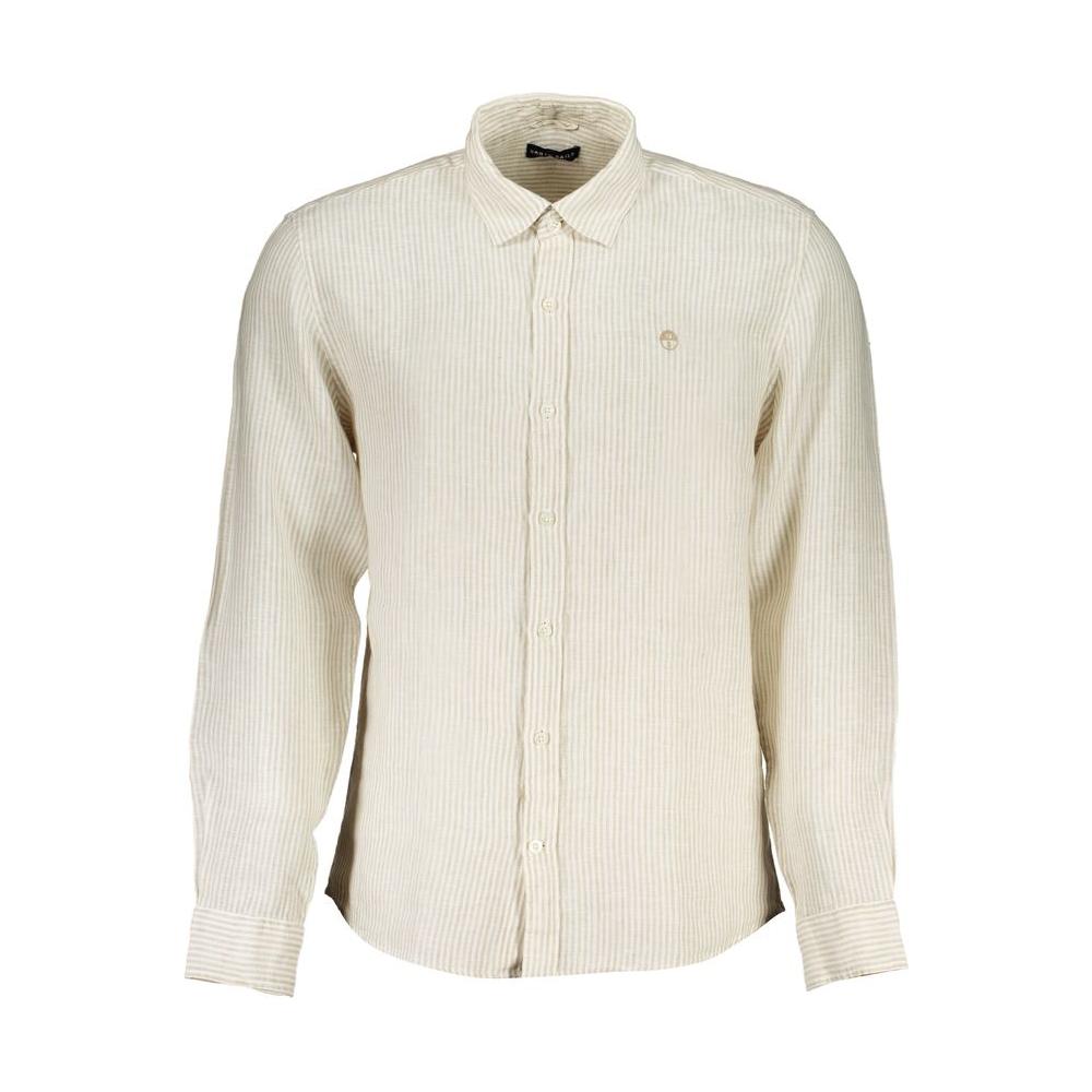 North Sails beige striped linen shirt with long sleeves, regular fit, French collar, button cuffs, and embroidered logo.