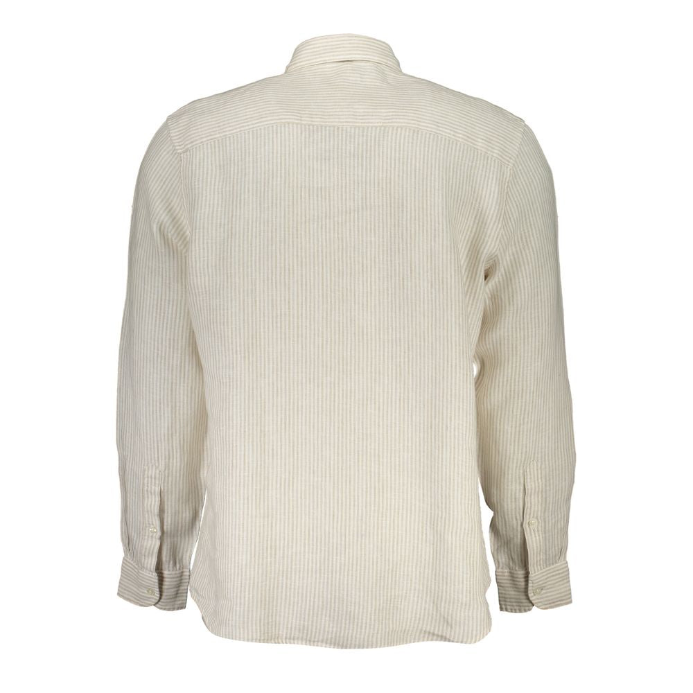 Back view of North Sails beige linen striped shirt with French collar, long sleeves, and logo embroidery, made from organic cotton.