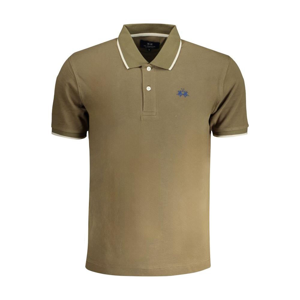 La Martina green cotton polo shirt, short sleeved, regular fit, with contrast details, embroidery, and logo, front view.