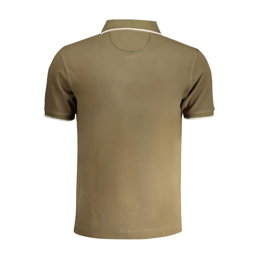 Back view of a La Martina green cotton polo shirt, featuring short sleeves, regular fit, two buttons, contrast details, and logo embroidery.