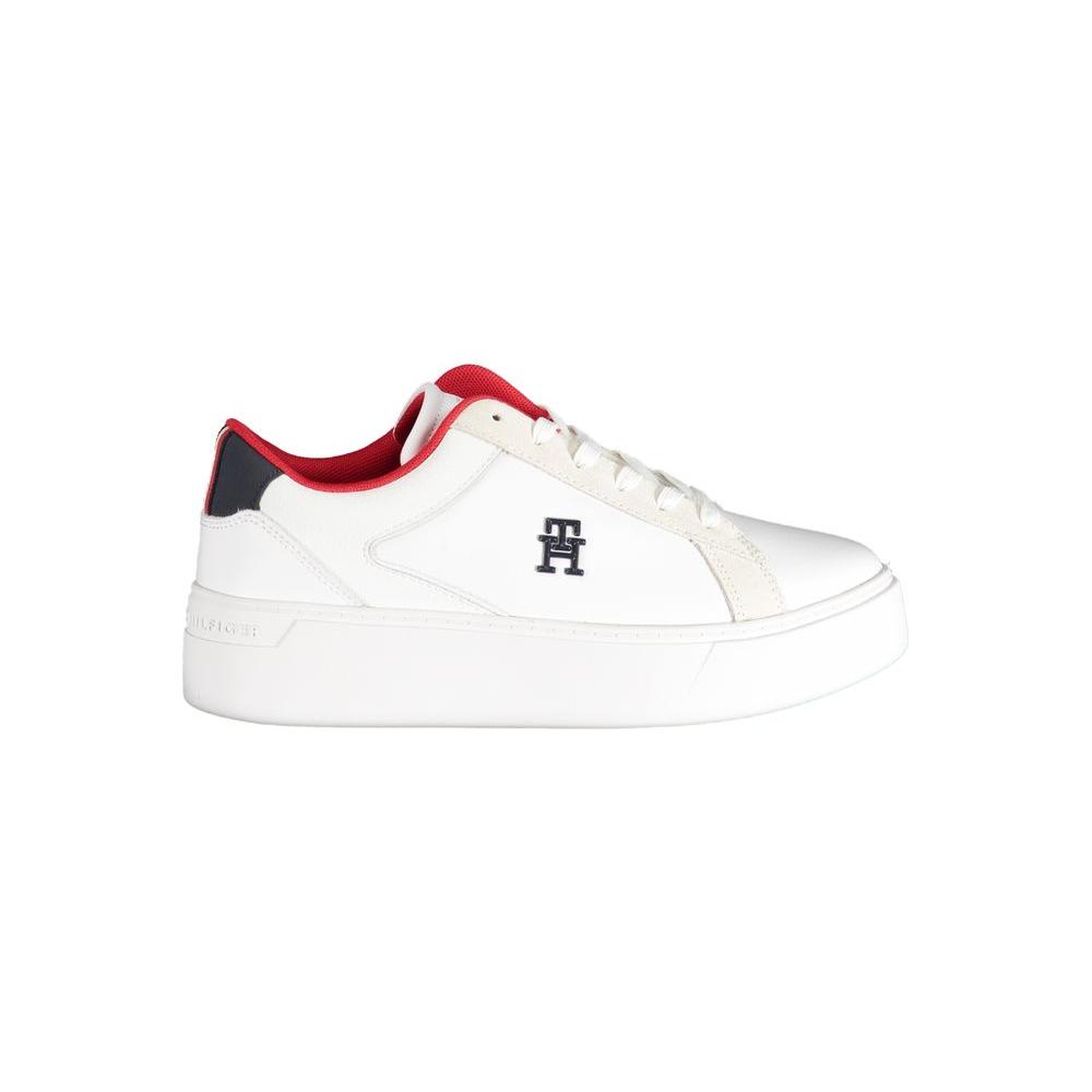 Tommy Hilfiger white polyester sneaker with contrast details and logo, sports footwear with laces.
