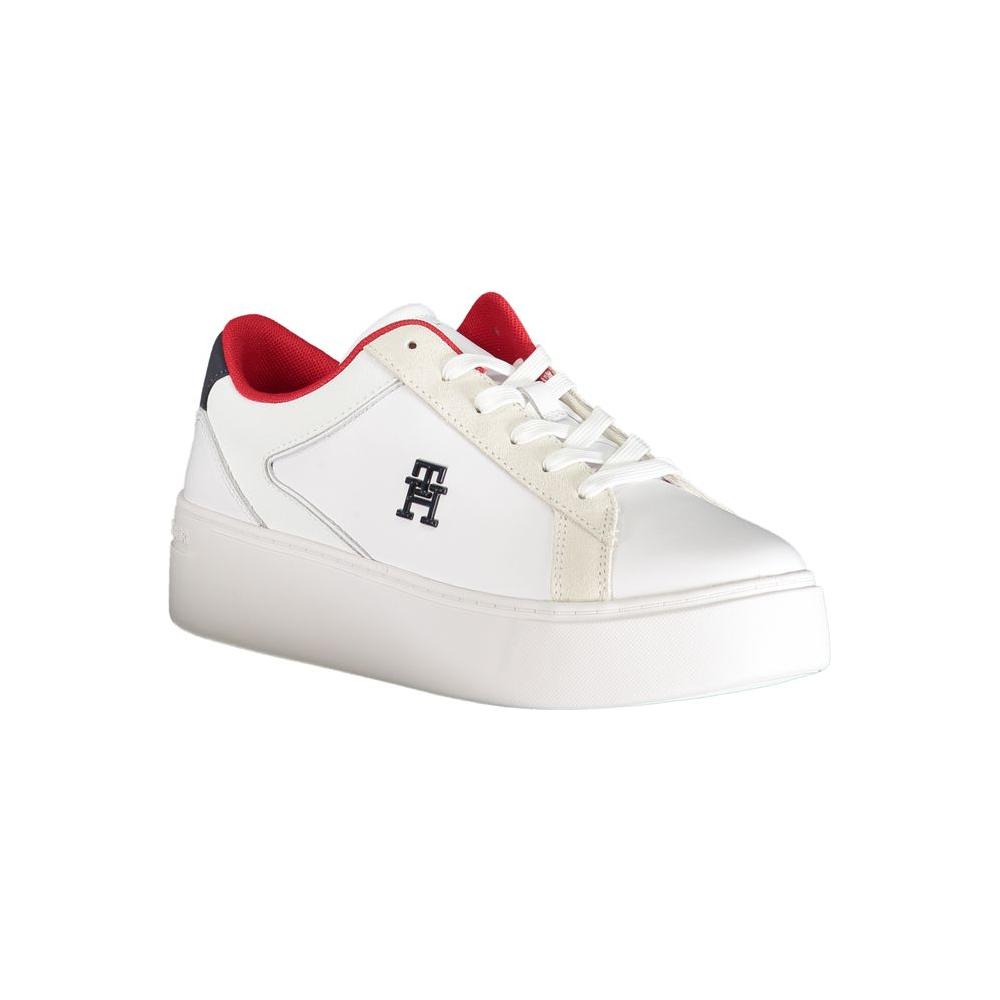 Tommy Hilfiger white polyester sneaker with laces, contrast details, and logo, ideal for sports footwear enthusiasts.