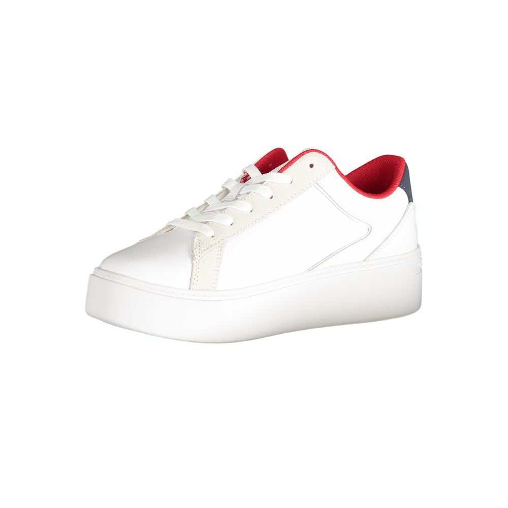 Tommy Hilfiger white polyester sneaker with laces, featuring contrast details and logo application, stylish sports footwear.
