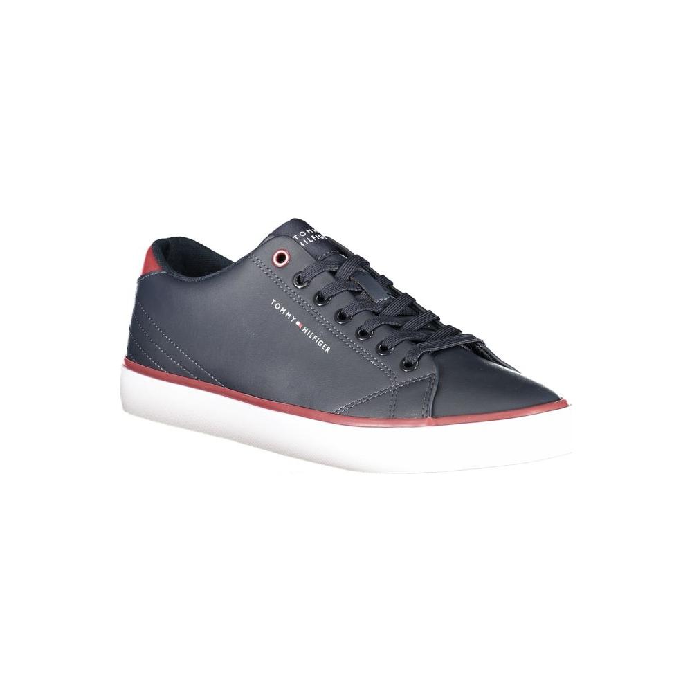 Tommy Hilfiger blue polyester sneaker with laces, contrast details, print, and logo.
