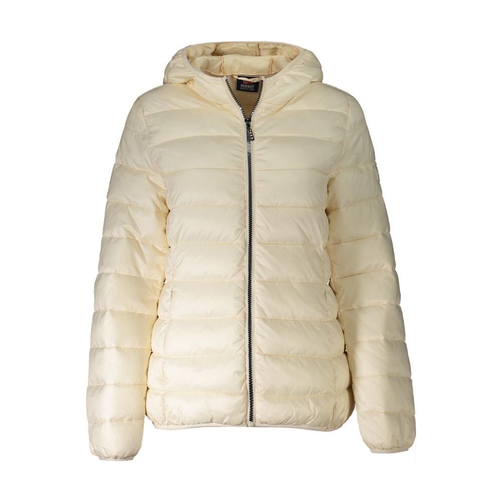 Beige polyamide hooded women jacket by Norway 1963, featuring long sleeves and pockets for a chic, functional look.