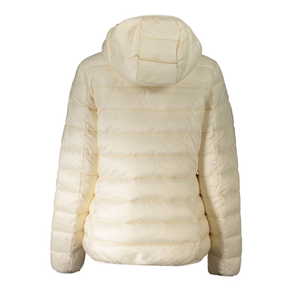 Back view of Norway 1963 beige polyamide women's jacket with hood, showcasing Scandinavian elegance and practicality.