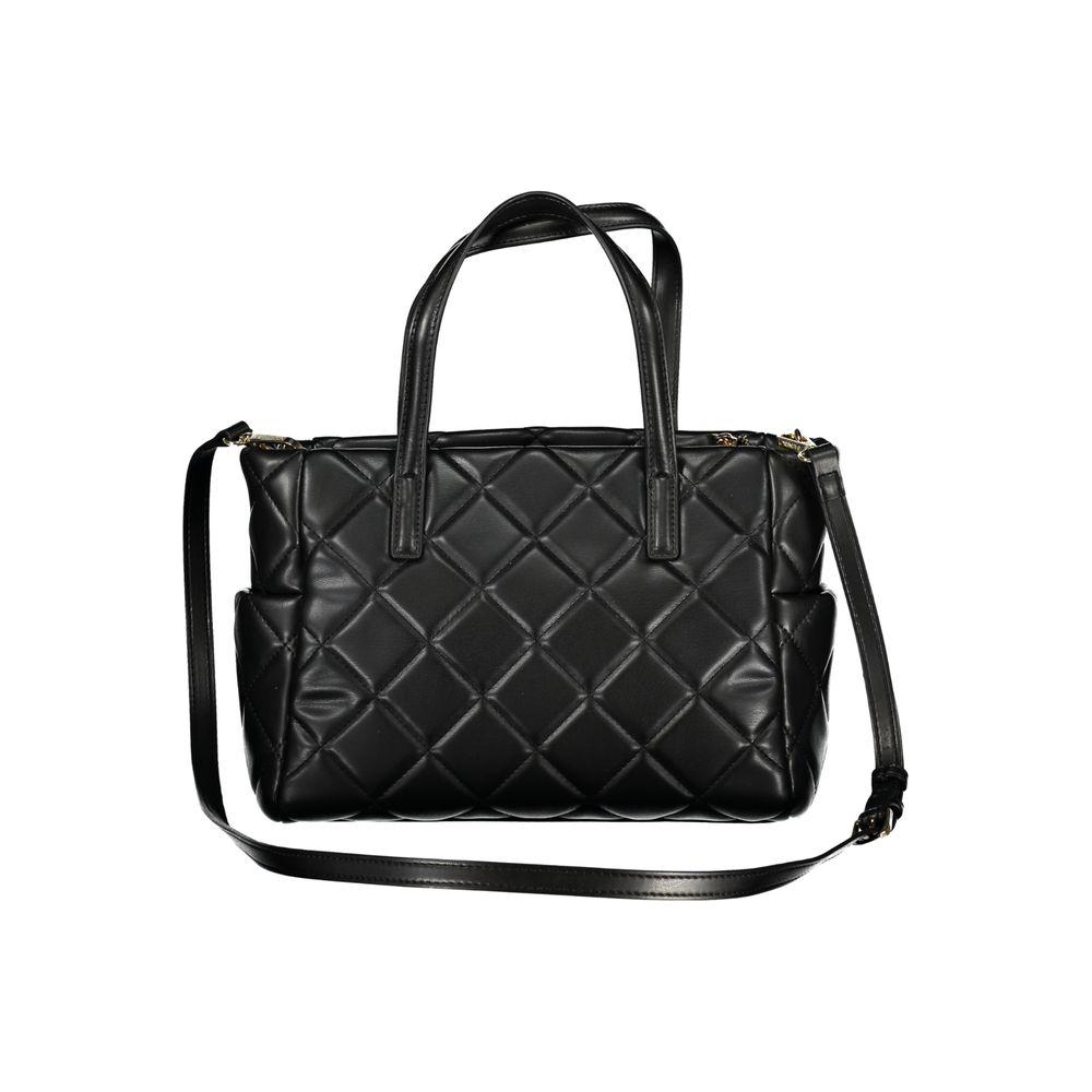 Valentino Bags black polyethylene women's handbag with quilted design, featuring two external pockets and an adjustable shoulder strap.