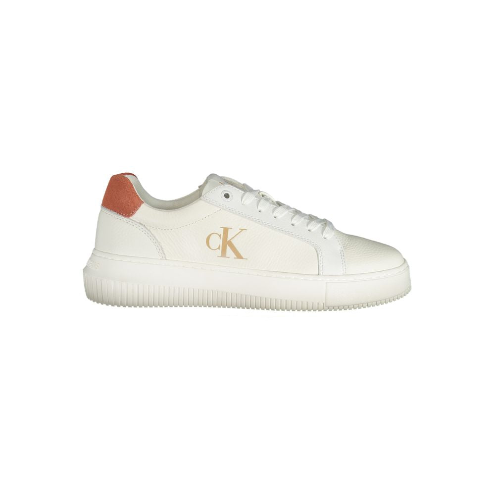 Calvin Klein white polyethylene women's sneaker with pink accents and iconic logo on a crisp white background.