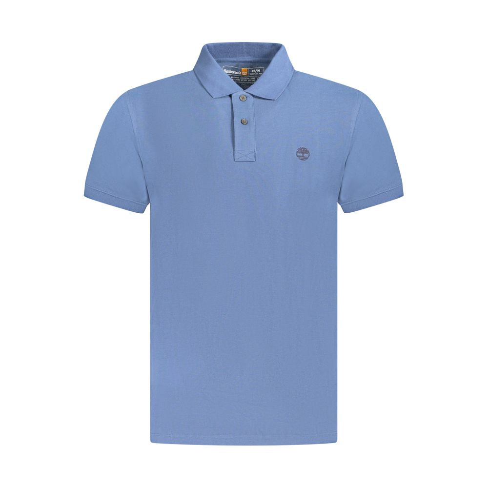 Timberland blue cotton men's polo shirt with short sleeves, two-button placket, and embroidered logo, crafted from organic cotton.