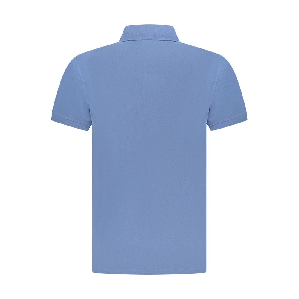 Back view of Timberland blue cotton men's polo shirt, featuring a classic design with short sleeves and collar.