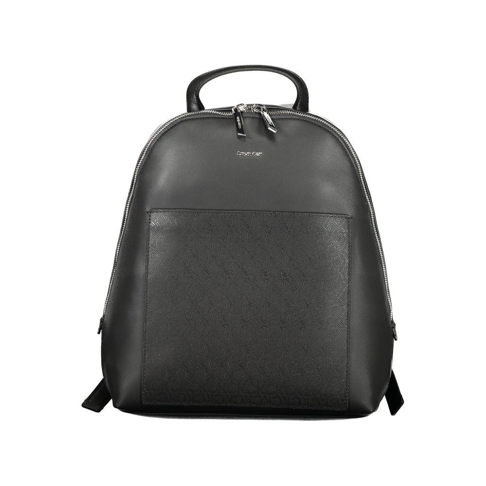 Calvin Klein black polyester women's backpack with sleek design and contrasting details, featuring external and internal pockets.