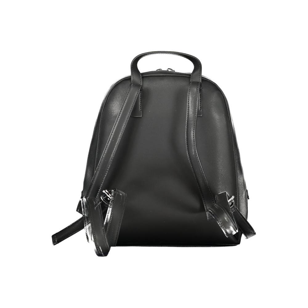 Back view of Calvin Klein black women's backpack made from recycled polyester with leather straps, featuring a sleek minimalist design.