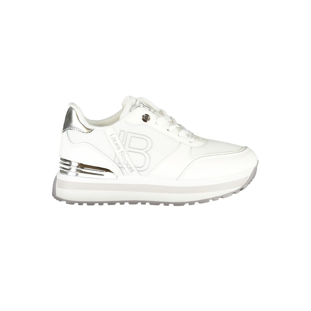 Laura Biagiotti white polyester women's sneaker with silver accents and logo embroidery, sporty chic lace-up with removable footbed.