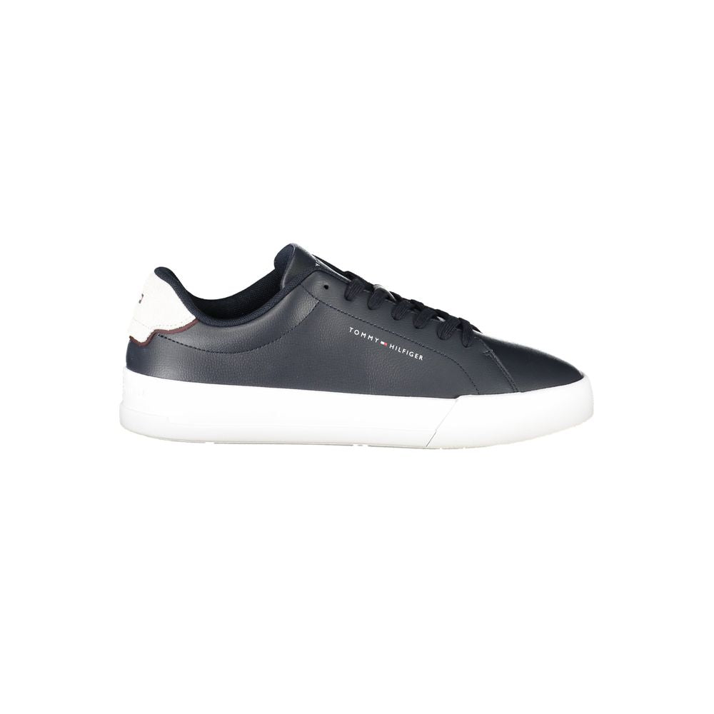 Tommy Hilfiger blue leather men's sneaker with white accents and logo, featuring a lace-up design and removable insole for comfort.