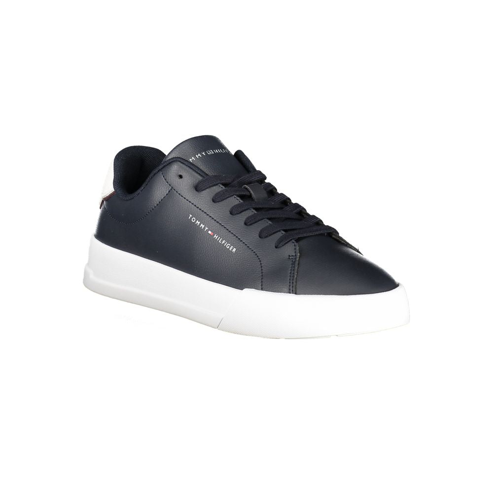 Tommy Hilfiger blue leather men's sneaker with white accents and logo, featuring lace-up design and removable insole for comfort.