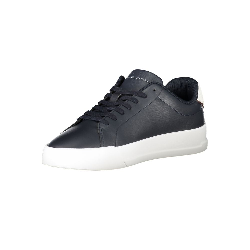 Tommy Hilfiger men's blue leather sneaker with white accents, featuring sporty lace-up design and iconic logo for style and comfort.
