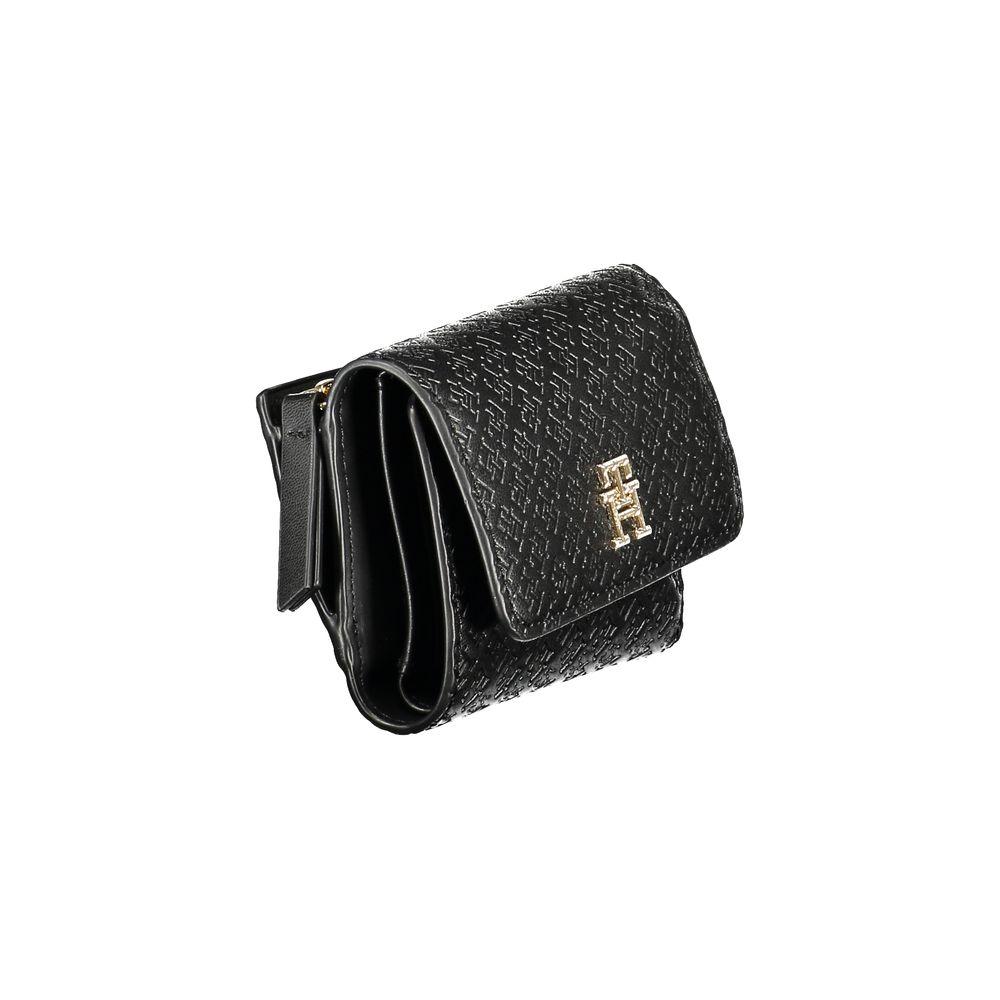 Tommy Hilfiger Black Polyethylene Women's Wallet with dual compartments and coin purse, featuring zip and snap closure for secure storage.