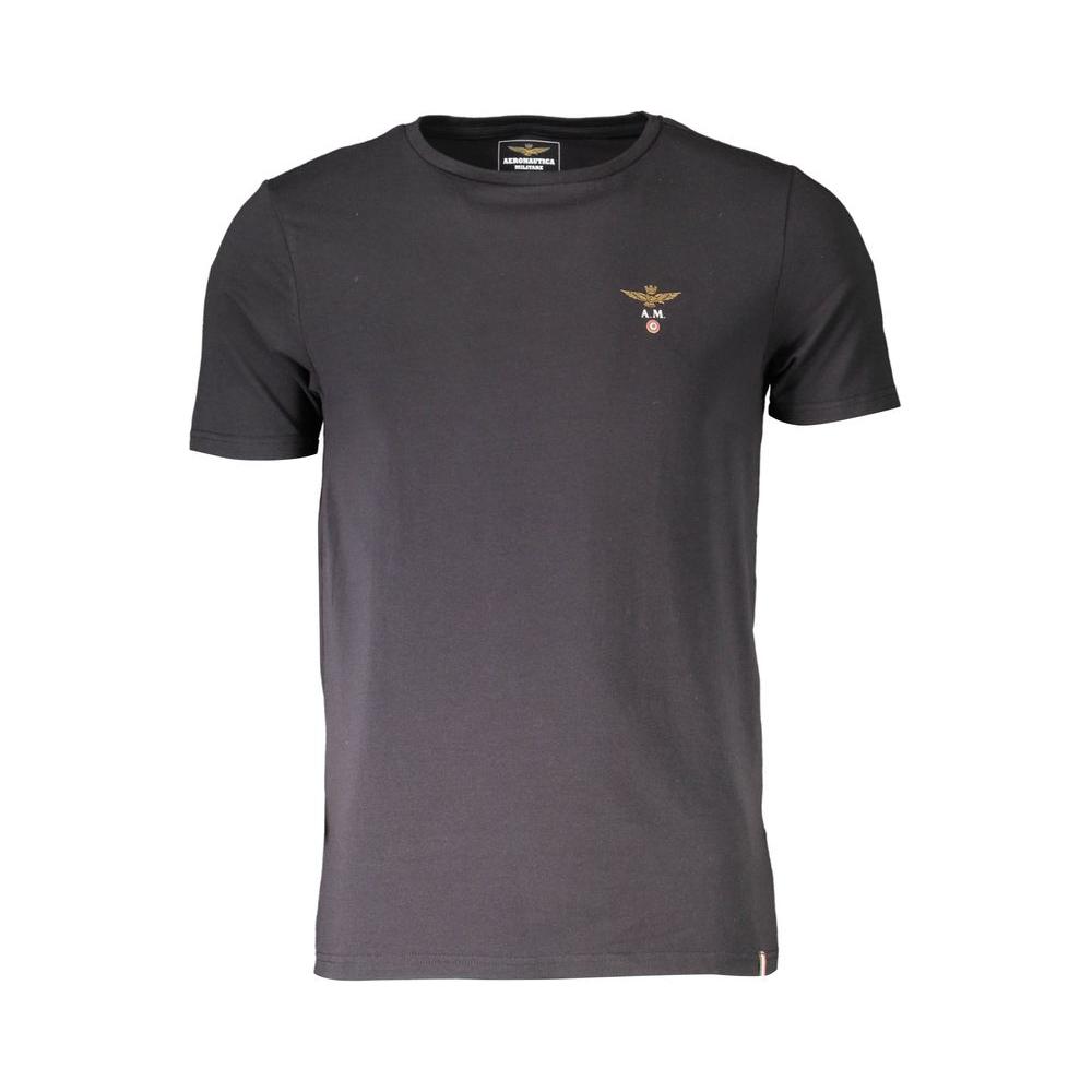 Aeronautica Militare black cotton t-shirt with short sleeves, crew neck, and logo, perfect for casual wear.