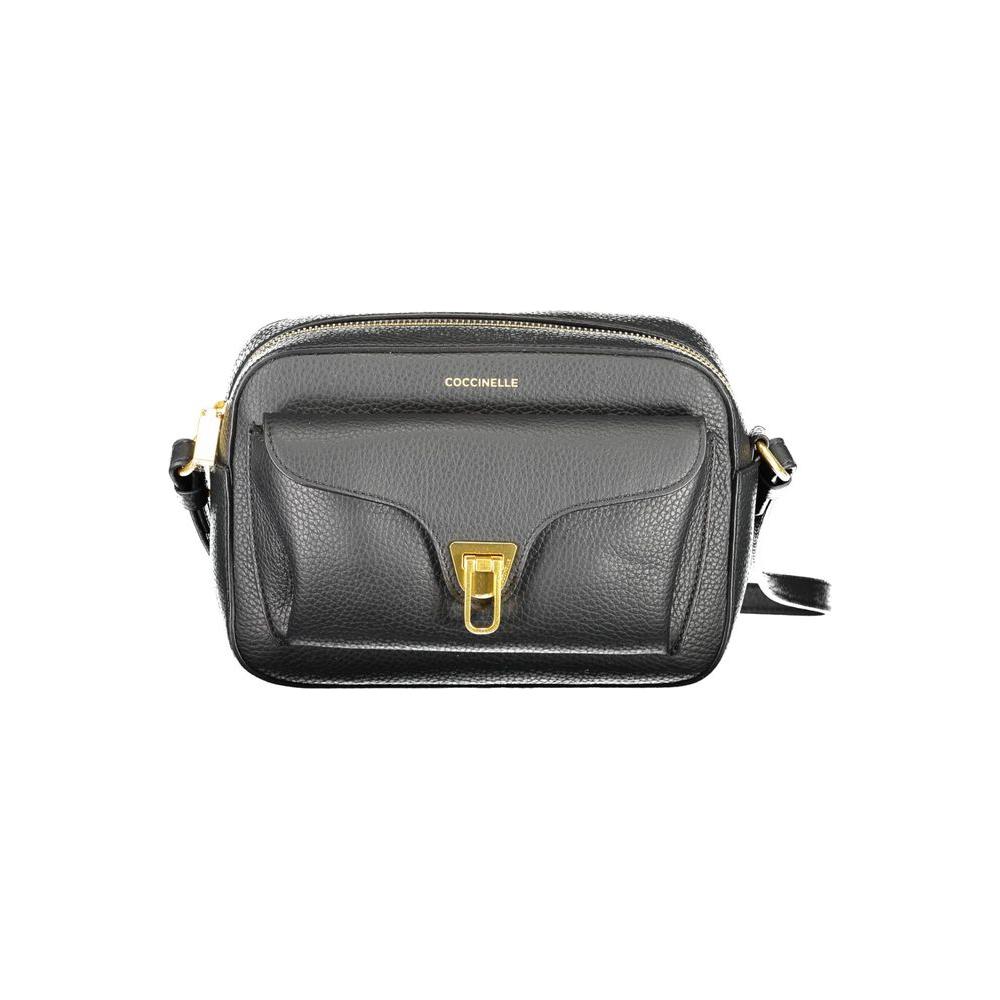 Coccinelle black leather handbag with adjustable strap and external pocket, featuring signature logo and gold hardware for a luxurious touch.
