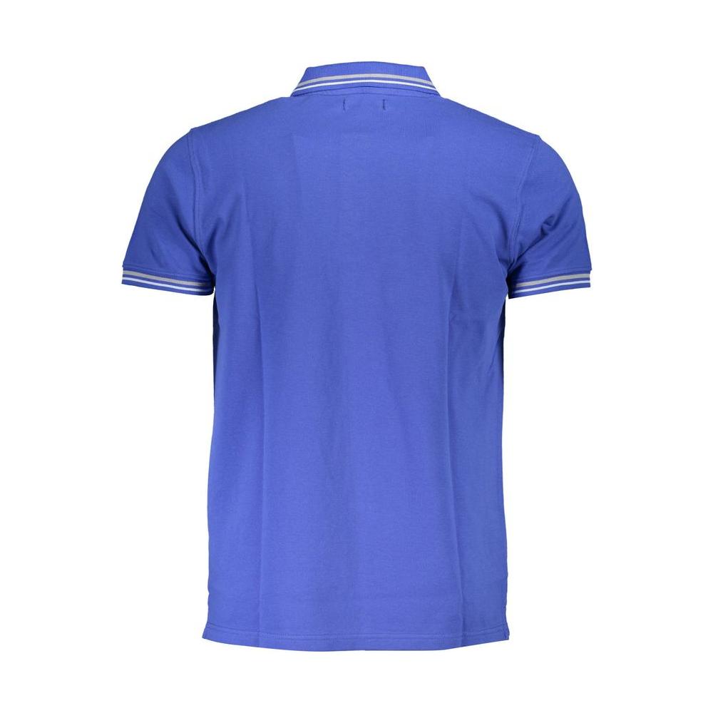 Back view of Cavalli Class blue cotton polo shirt with short sleeves, 3 buttons, and contrasting embroidered details.