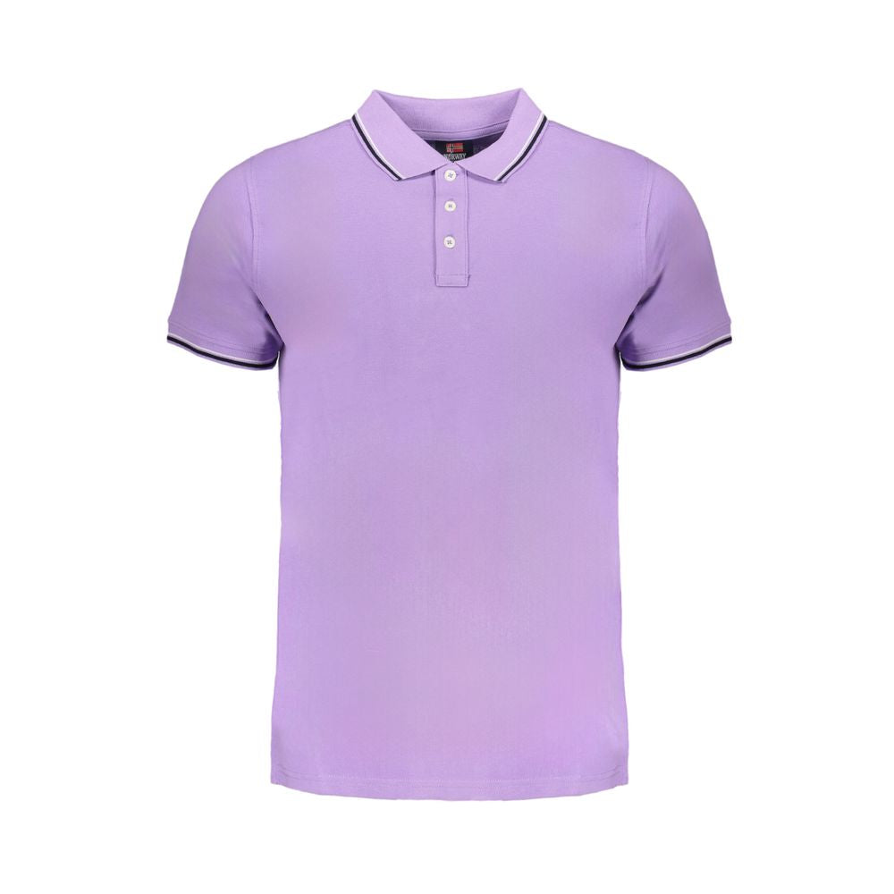 Norway 1963 purple cotton polo shirt with short sleeves, 3 buttons, contrast details, and logo design displayed on white background.
