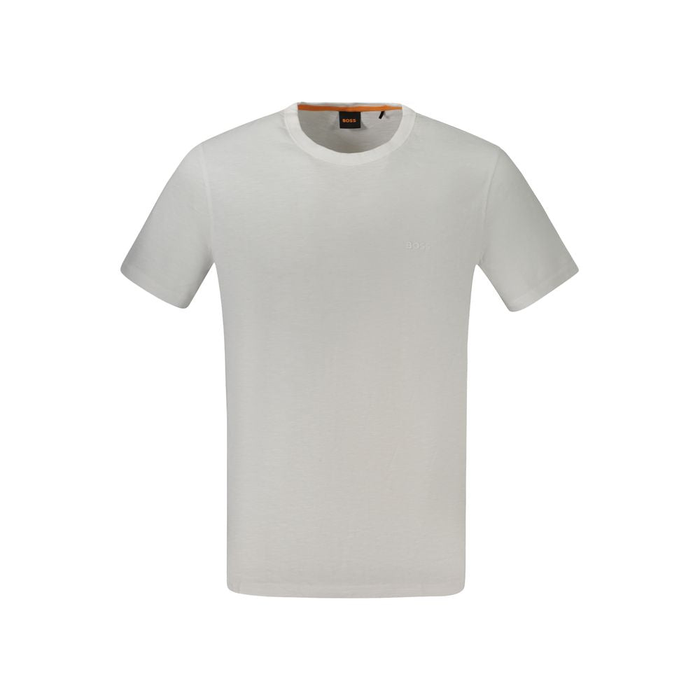 Hugo Boss white cotton men's T-shirt with crew neck and logo, perfect for casual wear, crafted from high-quality materials for comfort.