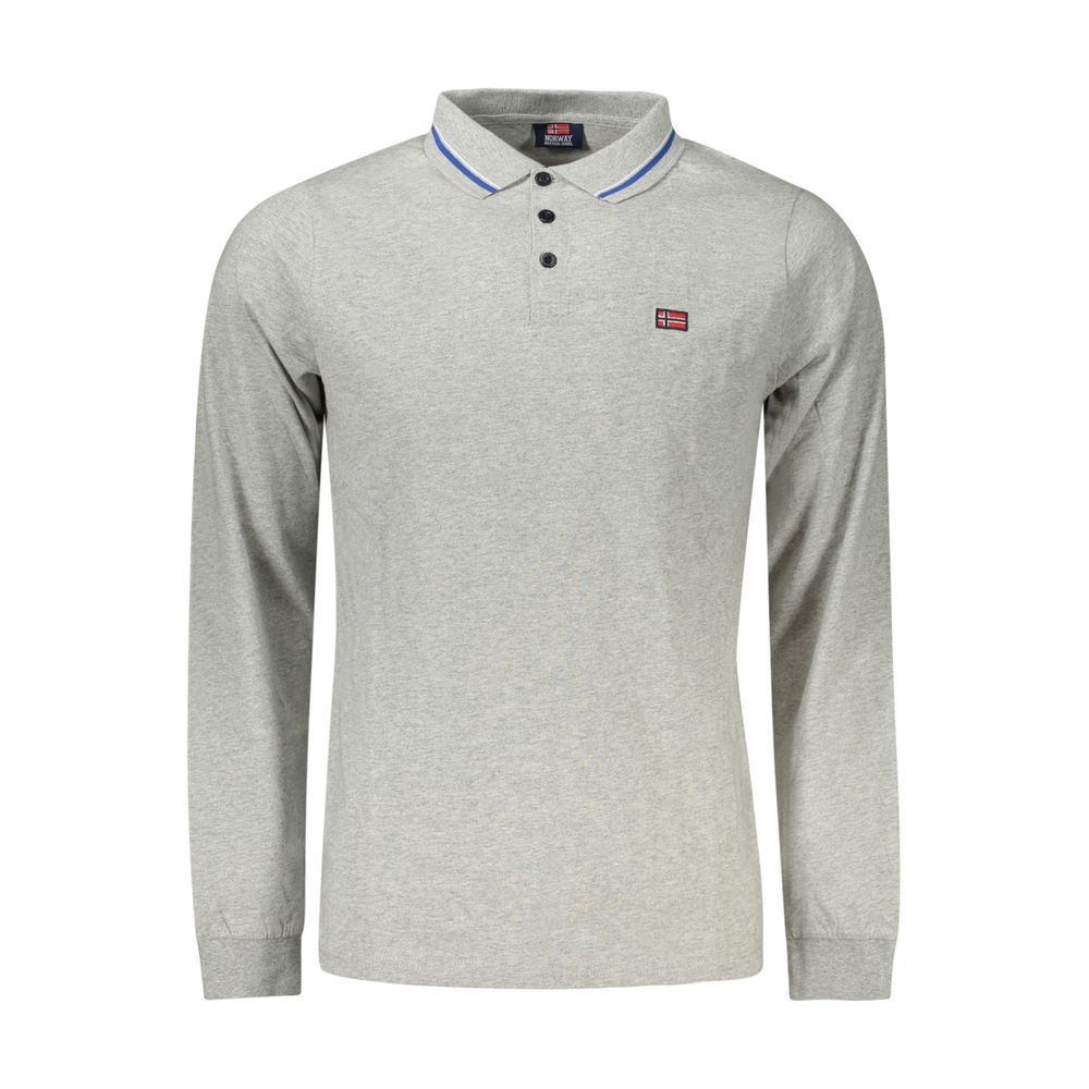 Norway 1963 Gray Cotton Men Polo Shirt with Long Sleeves, Trio of Buttons, Embroidery, and Contrasting Details