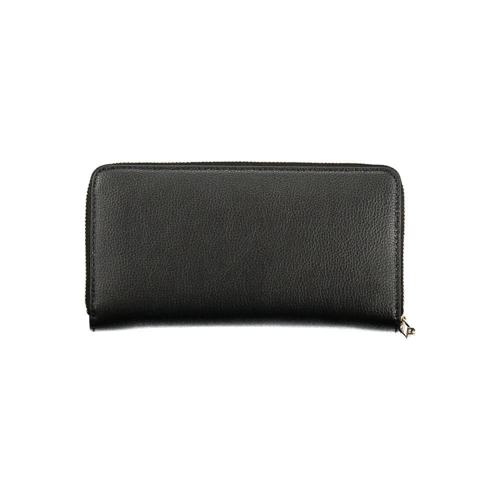 Tommy Hilfiger black polyethylene women's wallet with zip closure and logo, featuring multiple compartments for cards, coins, and cash.