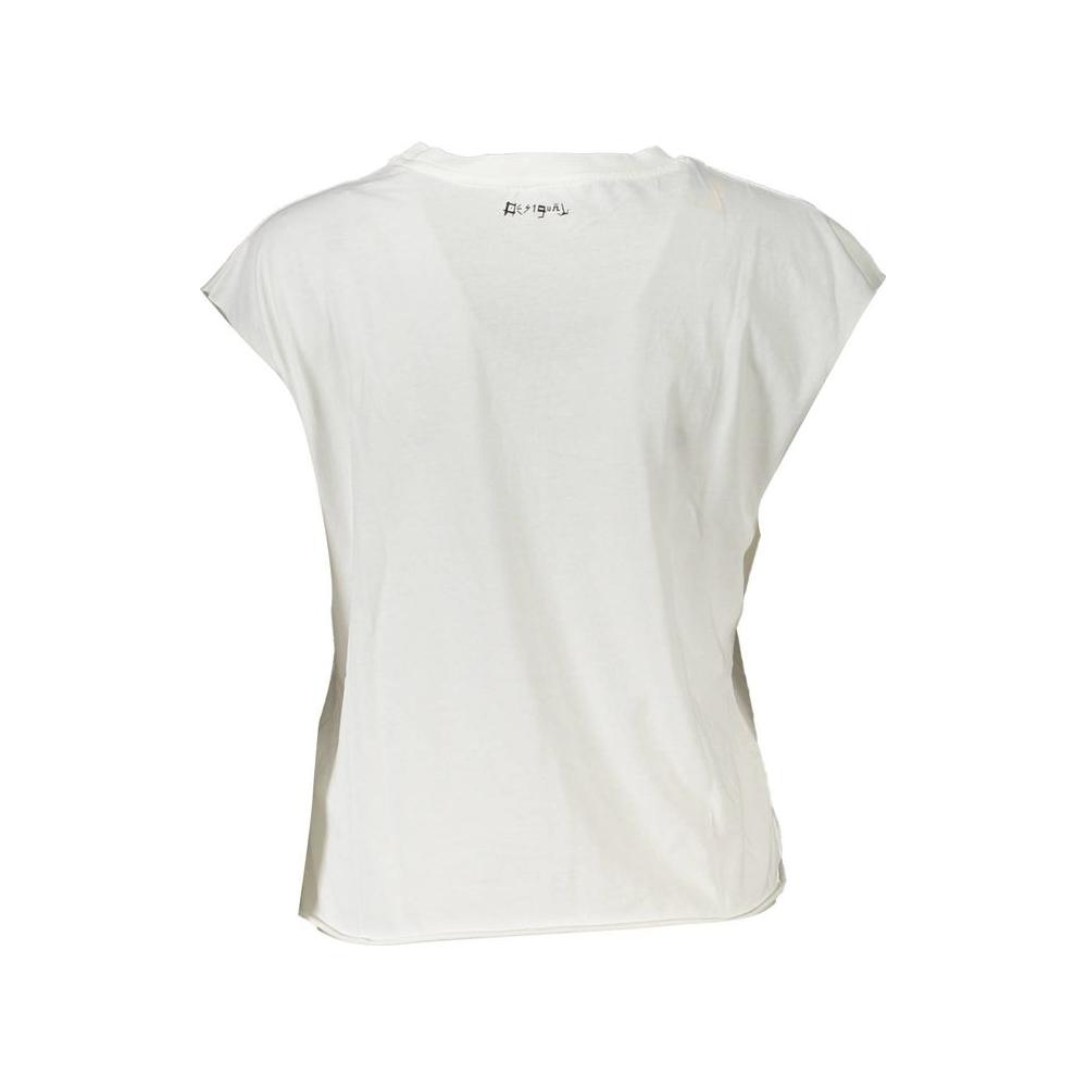 Back view of Desigual white cotton women t-shirt with logo, sleeveless design, and striking print on the front.