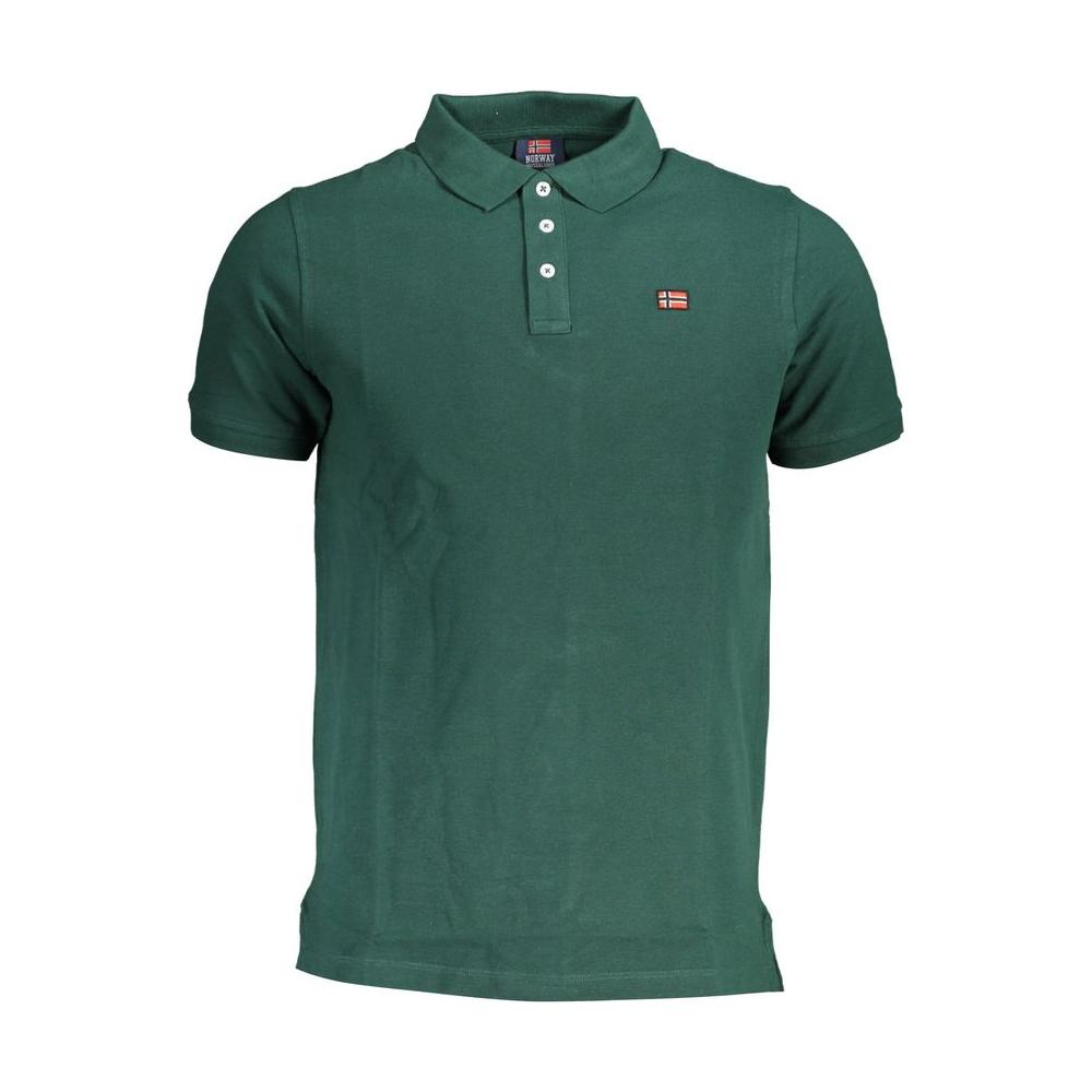 Norway 1963 green cotton polo shirt with short sleeves, 3 buttons, and logo embroidery
