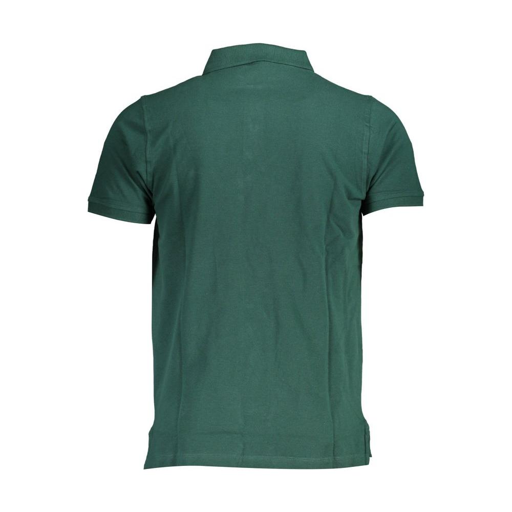 Back view of a Norway 1963 green cotton polo shirt with short sleeves and a collar.