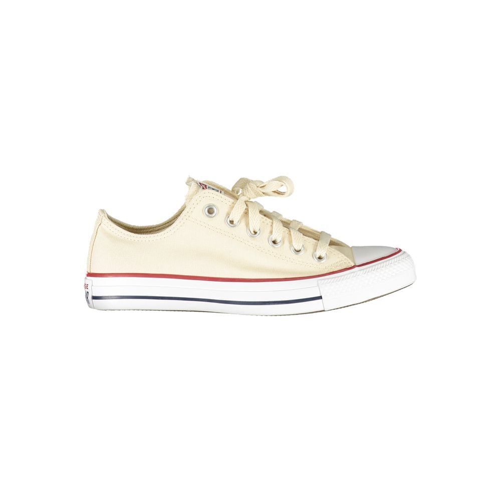 Side view of beige Converse women's sneaker with iconic logo, featuring cotton blend material and stylish contrast details.
