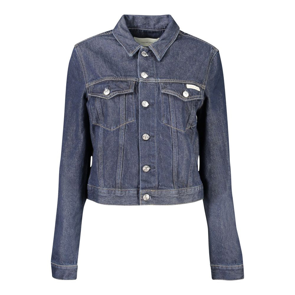 Calvin Klein blue cotton women's jacket with button-front and pockets, featuring an iconic logo, crafted from 100% premium cotton.