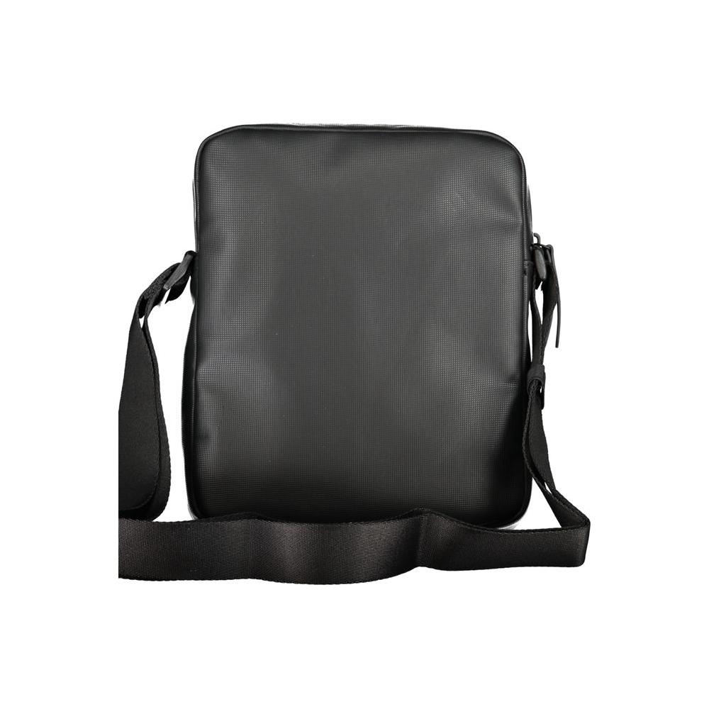 Tommy Hilfiger black polyethylene shoulder bag with adjustable strap, zip closure, and multiple pockets for iPad and essentials.