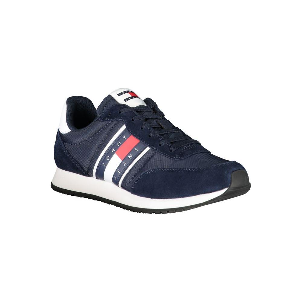 Tommy Hilfiger blue polyester sneaker with laces, contrast details, and logo, made with 50% recycled polyester for sports activities.