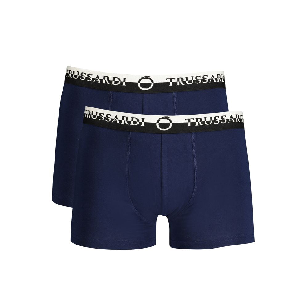 Trussardi blue cotton underwear, bi-pack, featuring double elastic waistband with logo print for comfort and style.